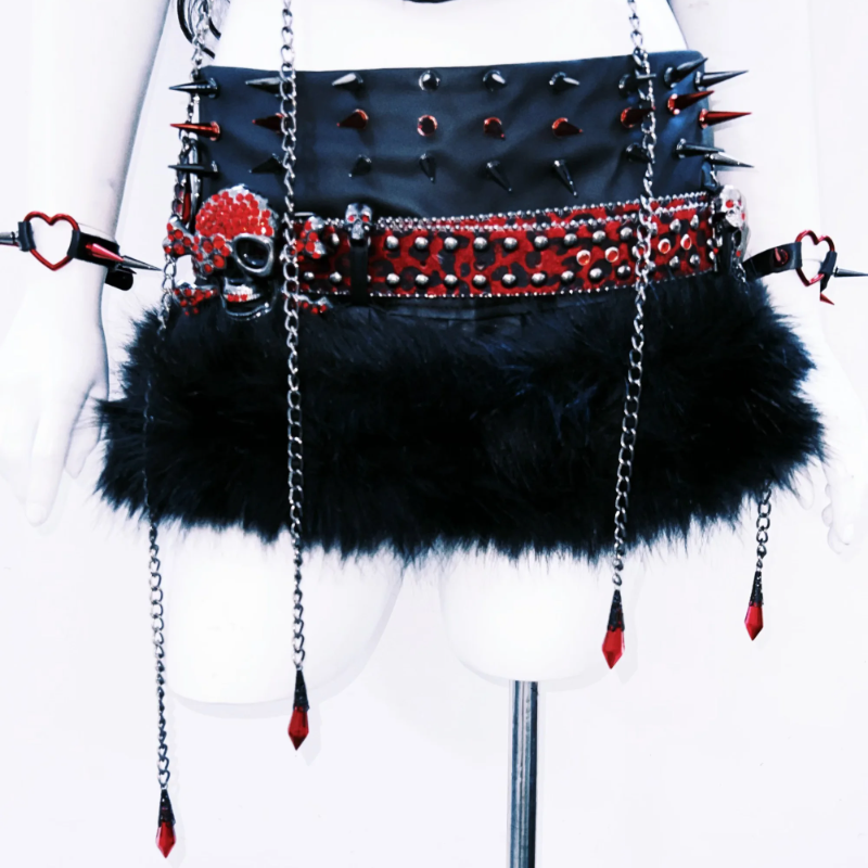 Metal chain fluffy PU leather o ring skull applique top  | Festival Outfits Women