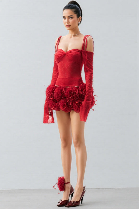 Kainld Red Strapless 3D Flower Mini Dress Set