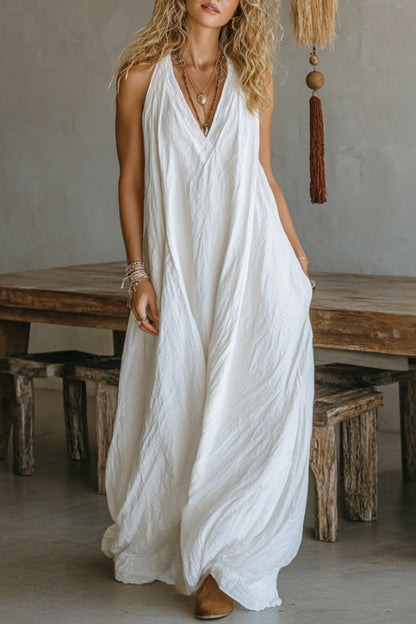 Linen Blend Solid Color Loose V-neck Sleeveless Pocket Casual Maxi Dress