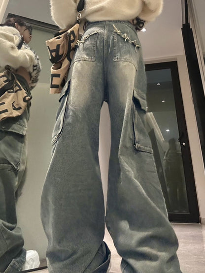 Big Pocket Turned Waist Cargo Jeans