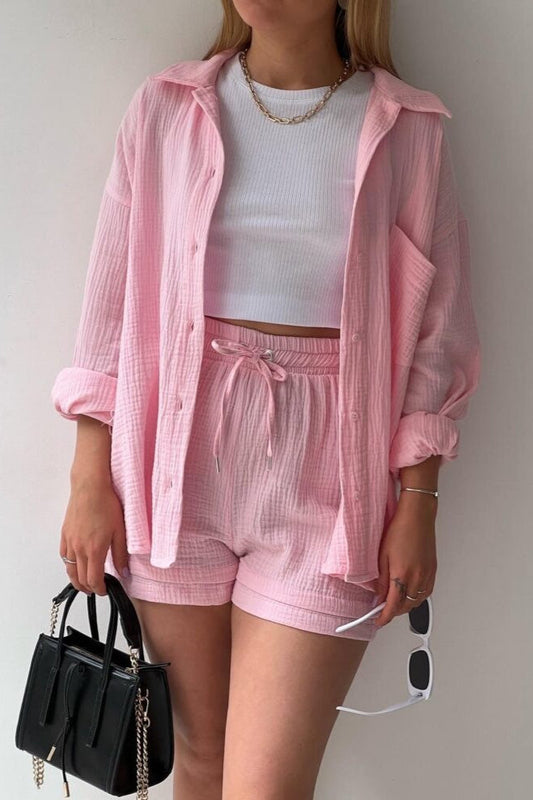 Textured Lapel Long Sleeve Top High Waist Shorts Set