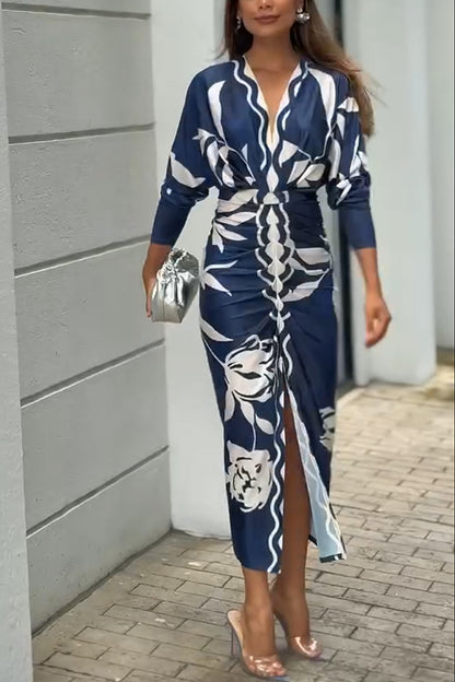 Brazilian Style Unique Print Dolman Long Sleeve Ruched Slit Midi Dress  Vestidos