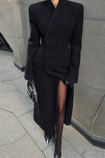V-Neck Solid Slim Single-Breasted Coat