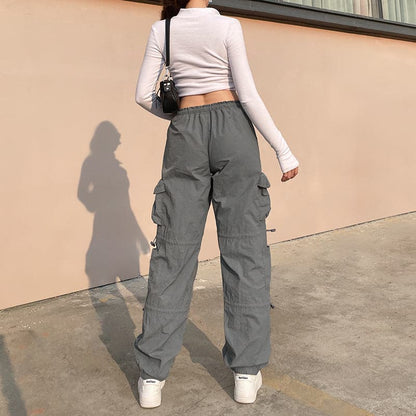 Drawstring solid cargo pocket low rise baggy pant Parachute pants