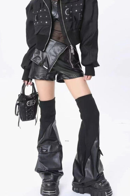 Black PU Flared Patch Pockets Socks