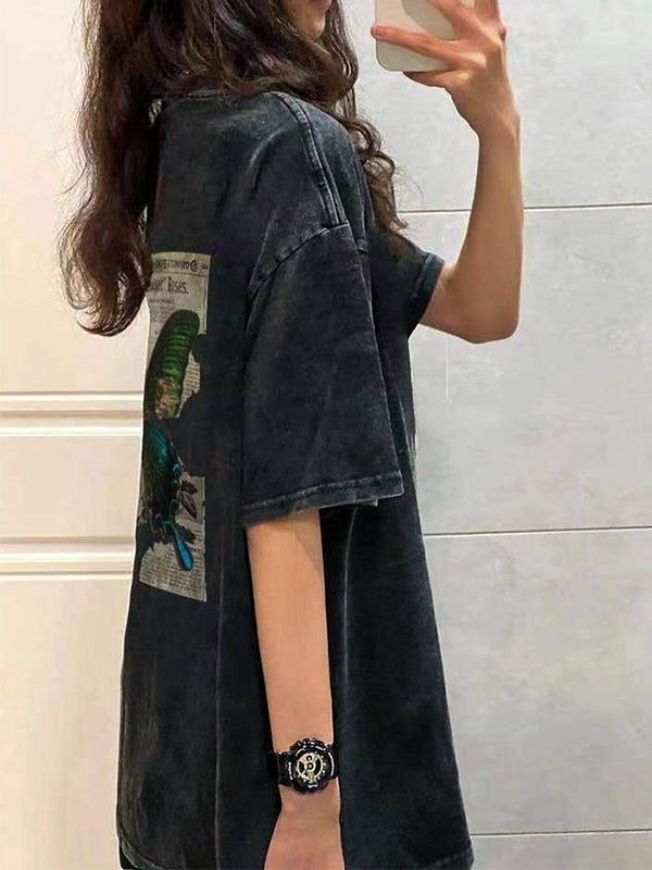 Washed Distressed Butterfly Print Oversized Short Sleeve Tee