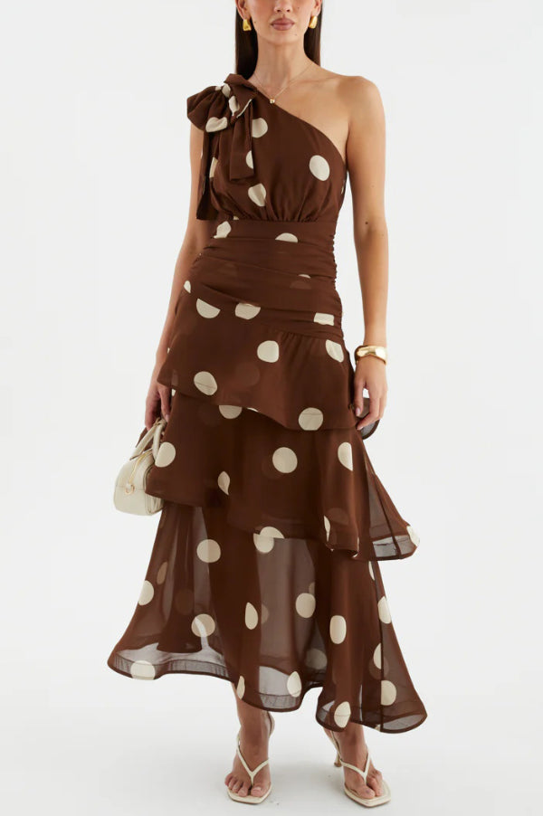 Fashionable Polka Dot Print One-shoulder Sleeveless Layered Mesh Maxi Dress