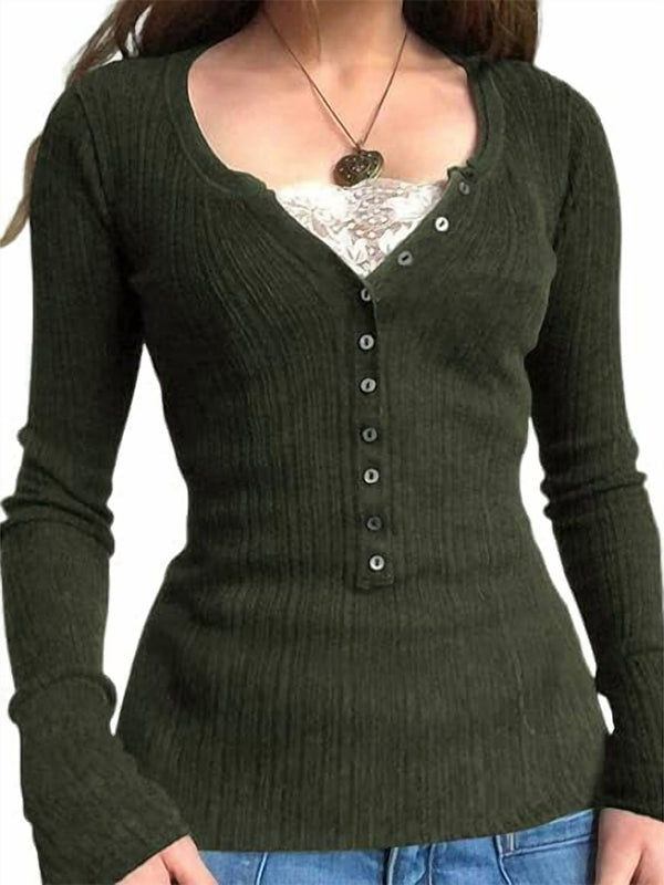 Lace Paneled Button Long Sleeve Knit Top