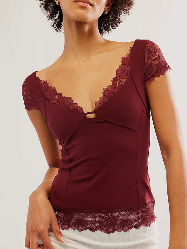 Lace Trim V Neck Short Sleeve Tee
