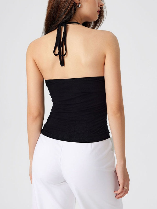 Lace Splice Halter V Neck Backless Cami Top