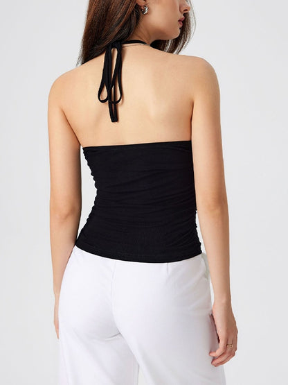 Lace Splice Halter V Neck Backless Cami Top