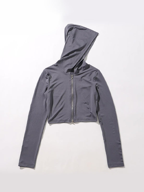 Solid Hooded Zip Up Short Long Sleeve Tee