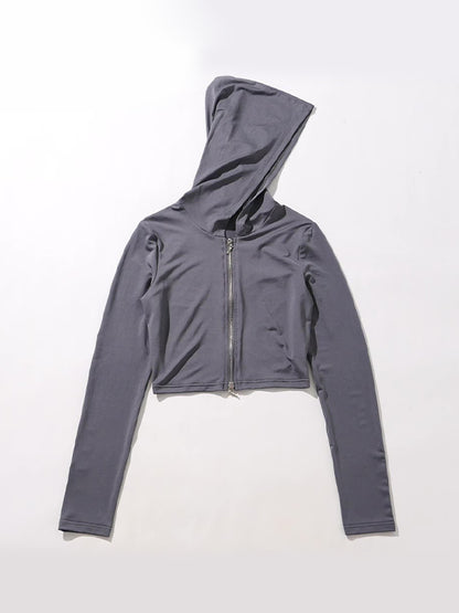 Solid Hooded Zip Up Short Long Sleeve Tee