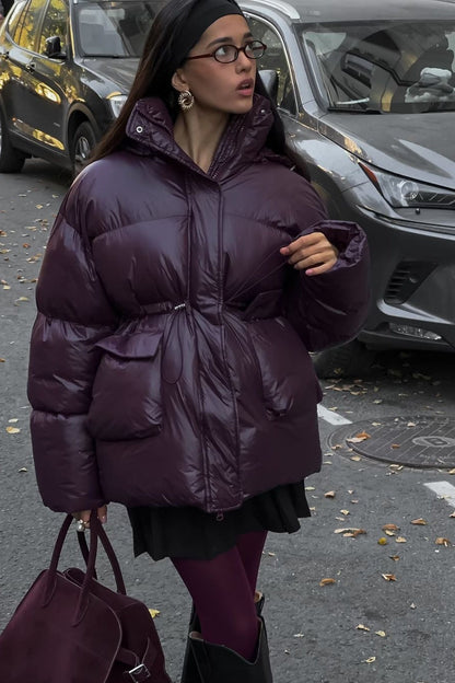Solid Color Zipped Hooded Puffer Jacket