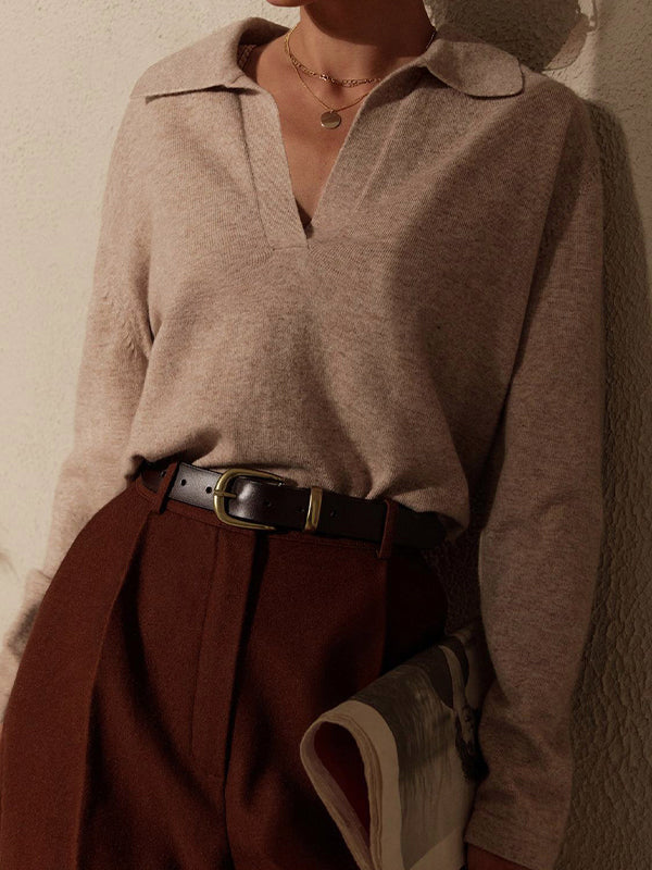 Solid Lapel Neck Knit Sweater