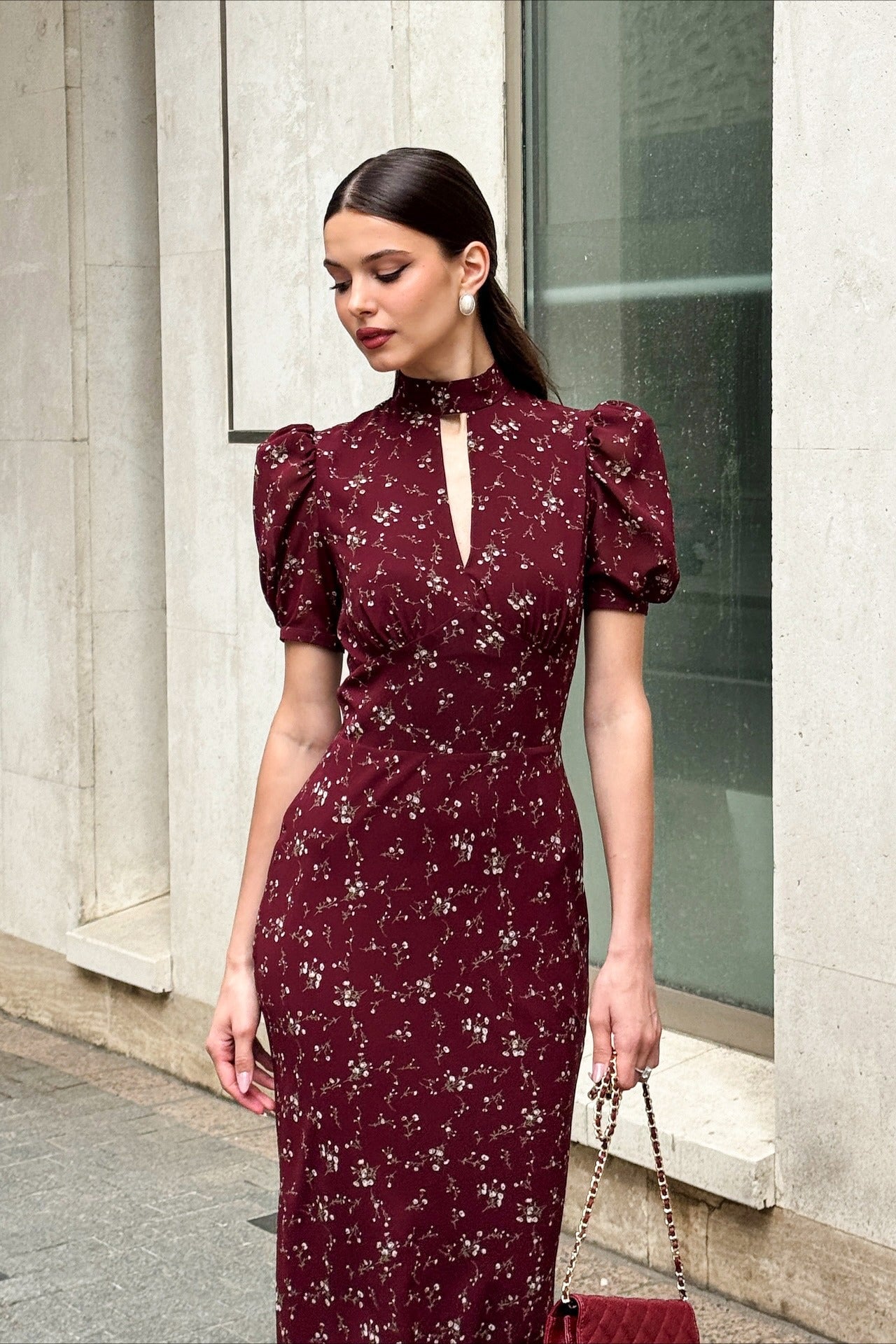Elegant Floral Deep V Bodycon Maxi Dress