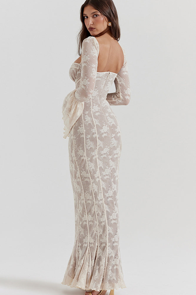 Lace Strapless Flare Sleeve Backless Bodycon Maxi Dress