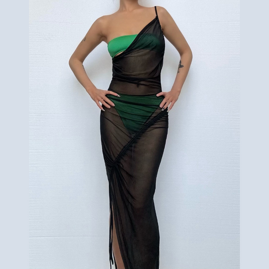 Drawstring mesh one shoulder 3 piece tube short pant set  | Festival Outfits Women