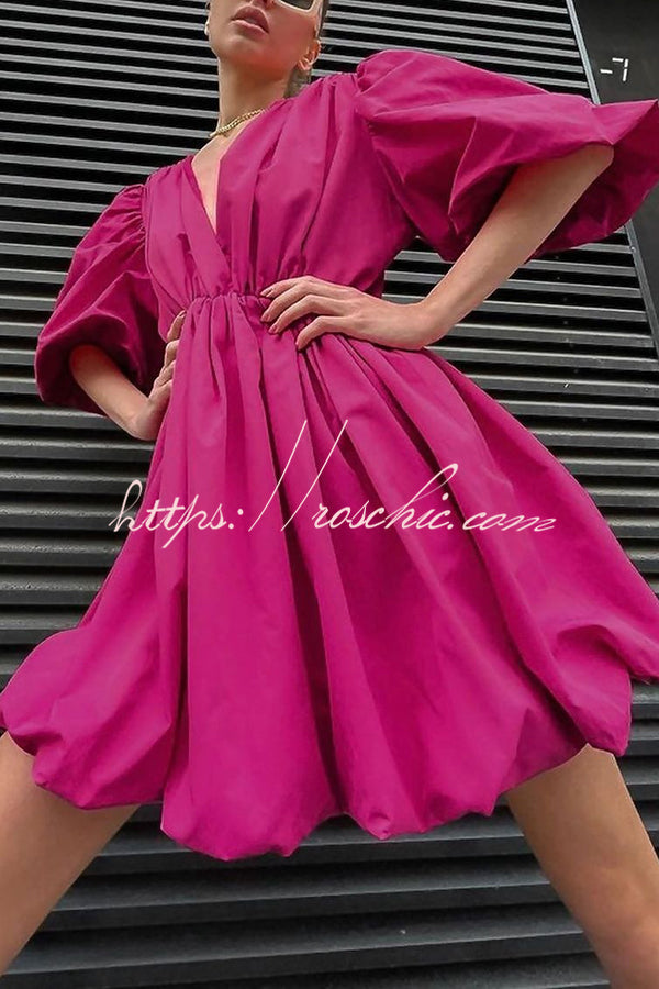 Solid Color Sexy V-neck Lantern Sleeve Waist Mini Dress