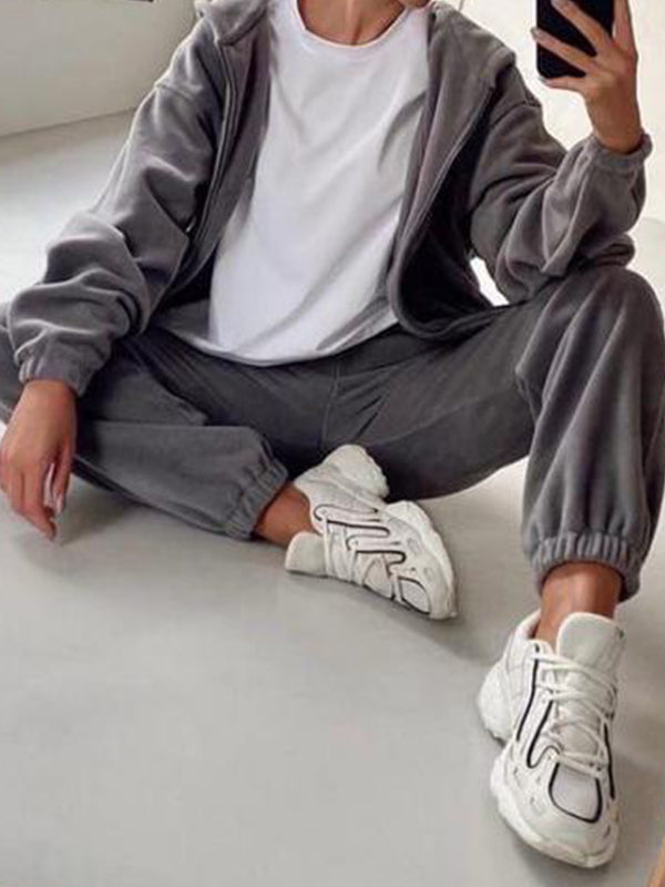 Solid Zip Up Oversized Hoodie & Bound Feet Sweatpants Set