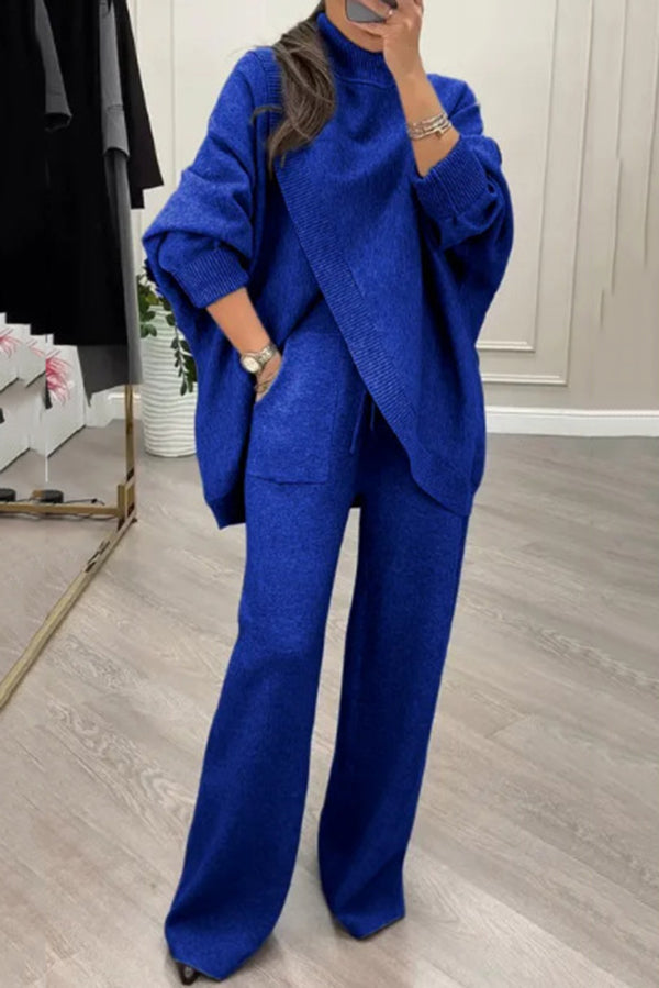 Solid Color Loose-fitting Turtleneck Knit Top and Elastic Waist Casual Pocket Straight Leg Pants