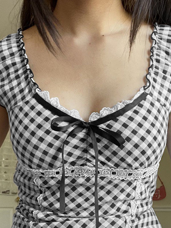 Lace Trim Checkered Blouse