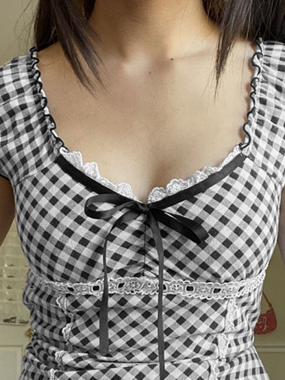 Lace Trim Checkered Blouse