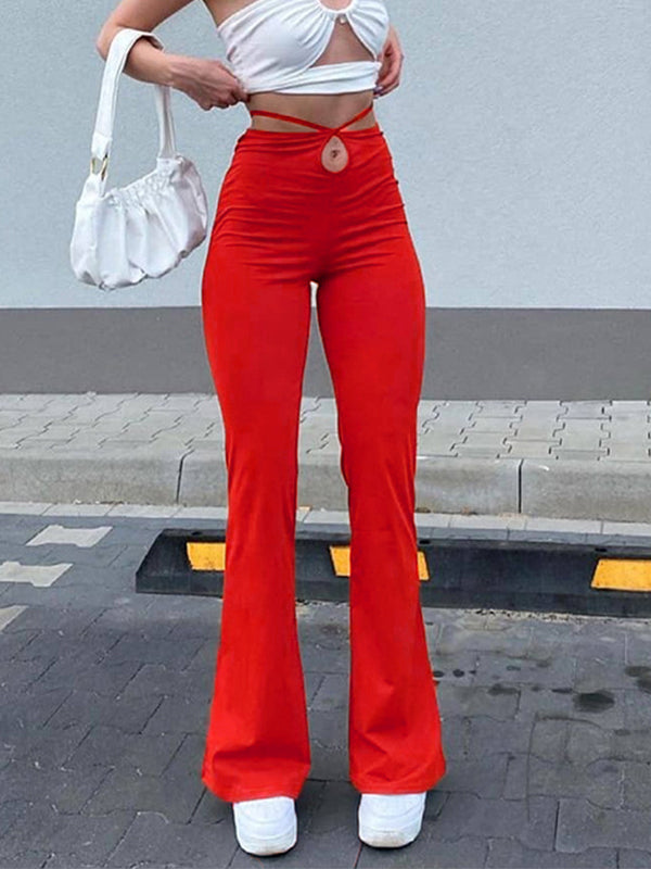 Solid Cutout Tie Back Flare Leg Pants