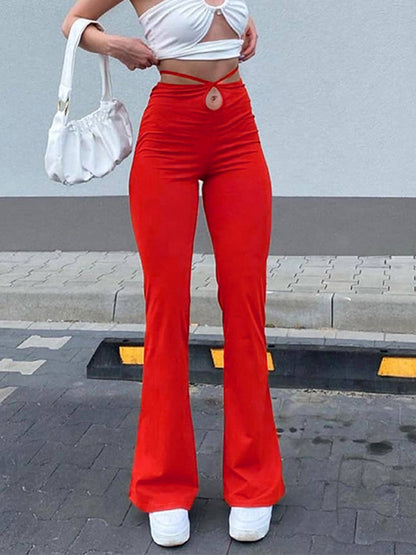 Solid Cutout Tie Back Flare Leg Pants