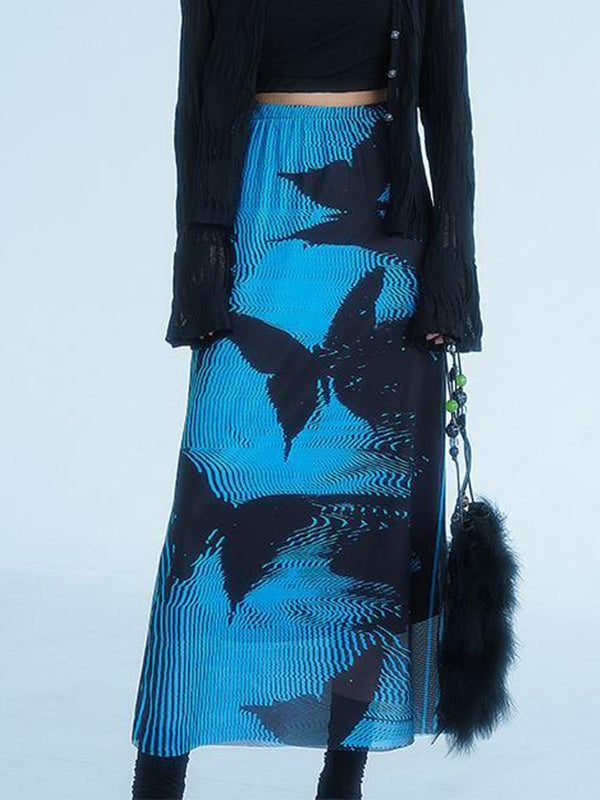 Butterfly Print Mesh Midi Skirt