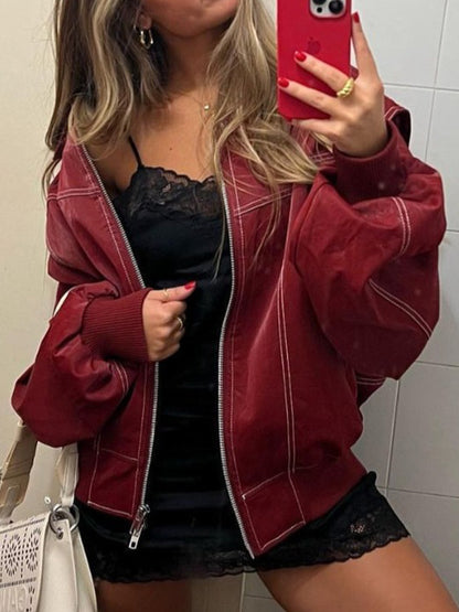 Loose long sleeve vintage leather jacket