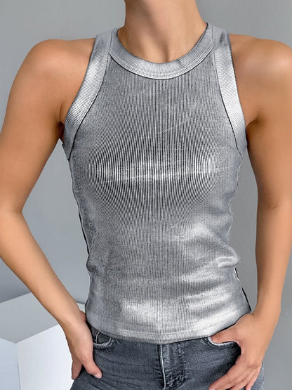 Futuristic Silver Slim Knit Tank Top