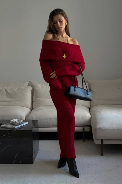 Solid Elegant Minimalist Off Shoulder Bodycon Knit Maxi Dress