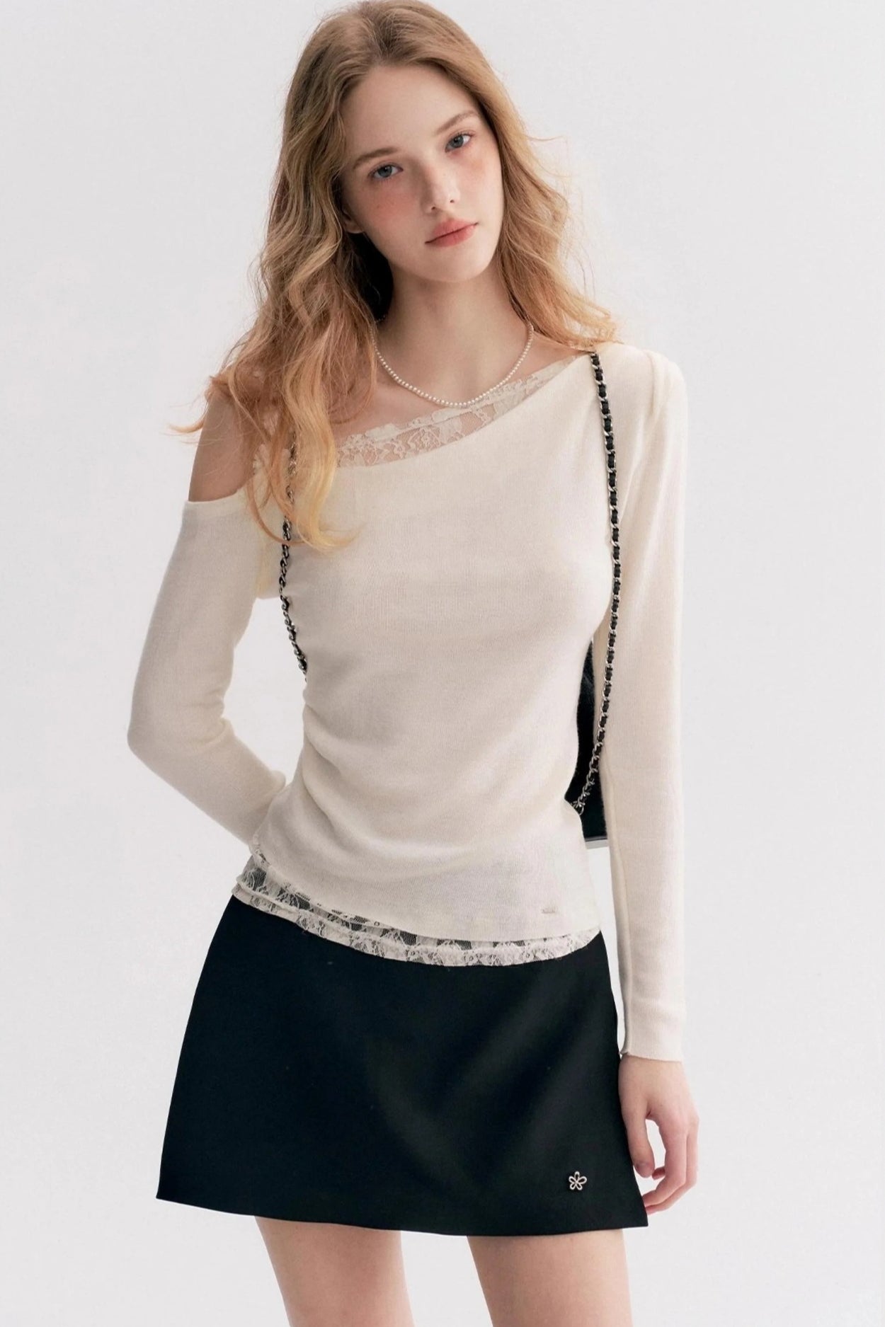 Lace Trim One Shoulder Slim Sexy Long Sleeve Blouse