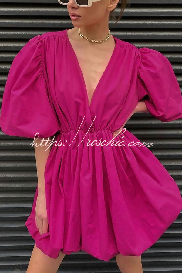 Solid Color Sexy V-neck Lantern Sleeve Waist Mini Dress