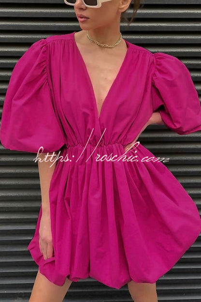 Solid Color Sexy V-neck Lantern Sleeve Waist Mini Dress