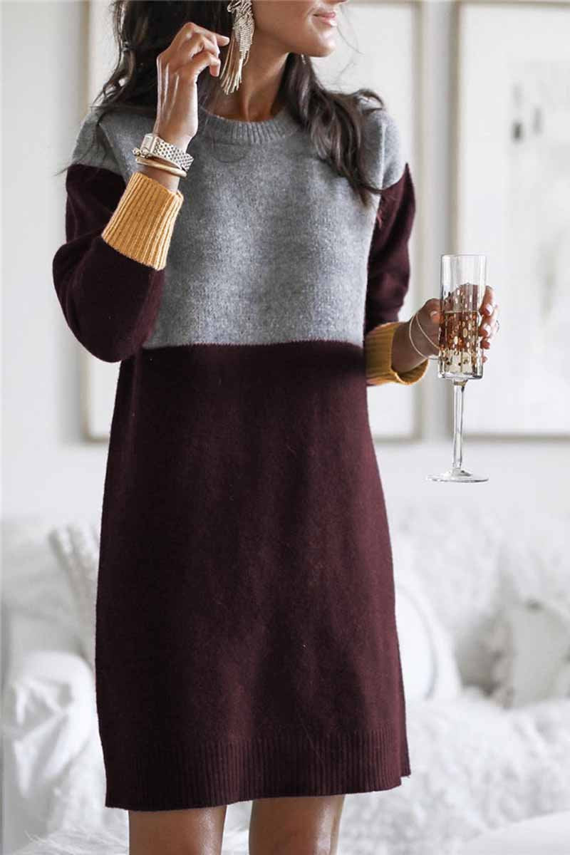 Loose Round Neck Paneled Dress(2 Colors)