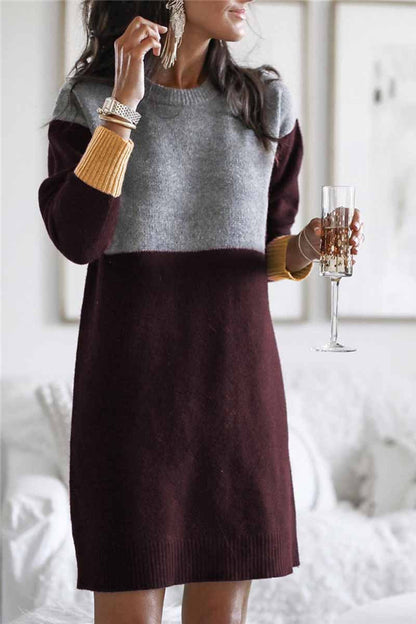 Loose Round Neck Paneled Dress(2 Colors)