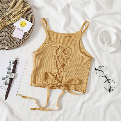 Solid Knitted Backless Tie Camis Crop Tops