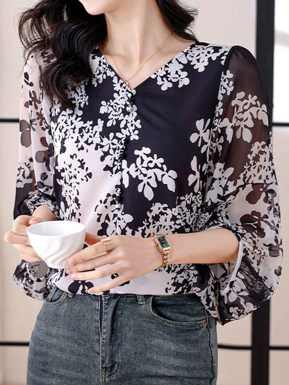 Katelyn Loose V-Neck Lantern Sleeve Floral Chiffon Top