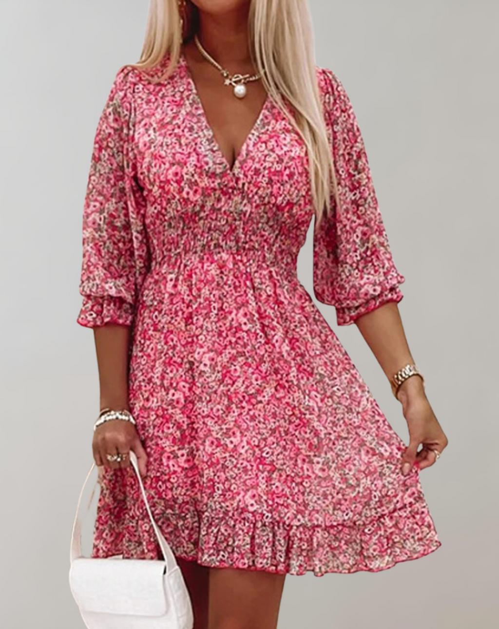 Vestido de verano clásico estampado con escote en V y manga corta para mujer | Ideal para primavera/verano