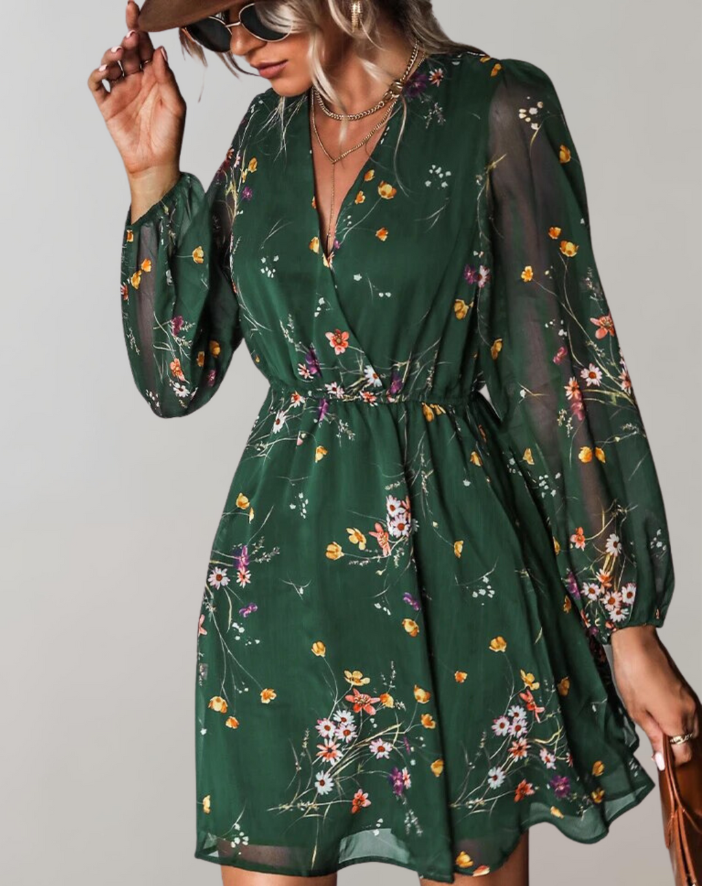 Elegante vestido midi de mujer con escote en V y estampado floral | Ideal para primavera/verano