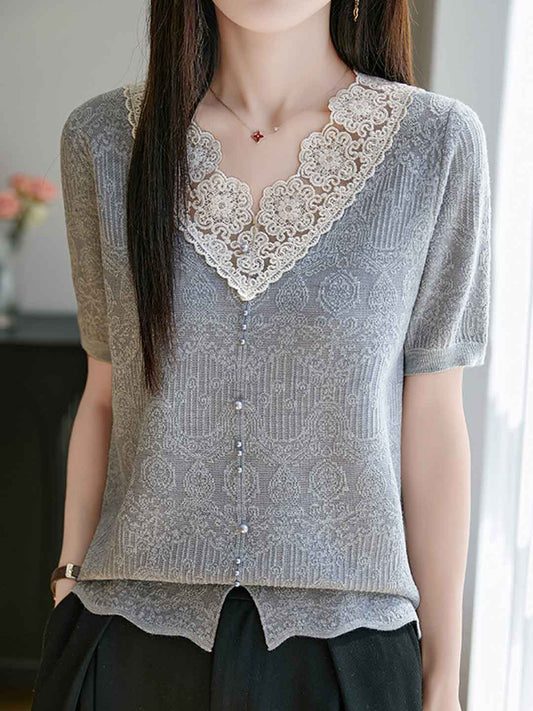 Rachel Casual V-Neck Jacquard Hollowed Knitted Top