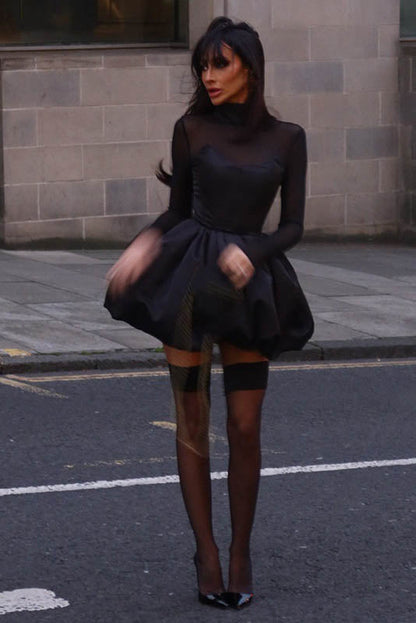 Vestido minivestido elegante de invierno de malla transparente, ajustado y abullonado