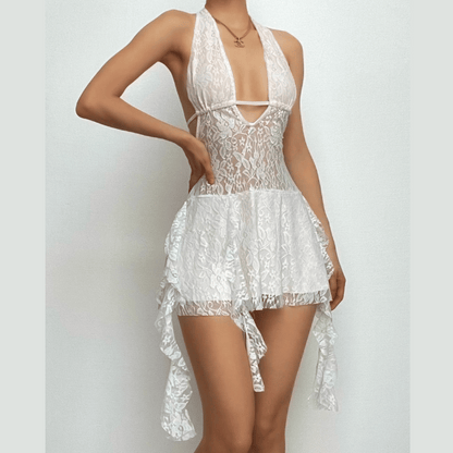 Halter v neck backless lace self tie hollow out cut out mini dress