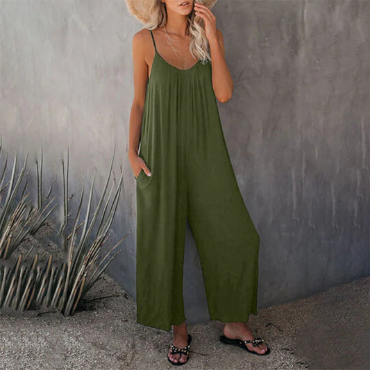 Women's Stretchy V-Neck Sleeveless Summer Jumpsuit with Pockets and Wide Legs | Ideal for Summer