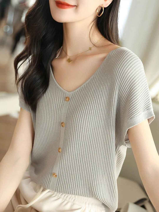 Kaylee Loose V-Neck Buttons Knitted Top