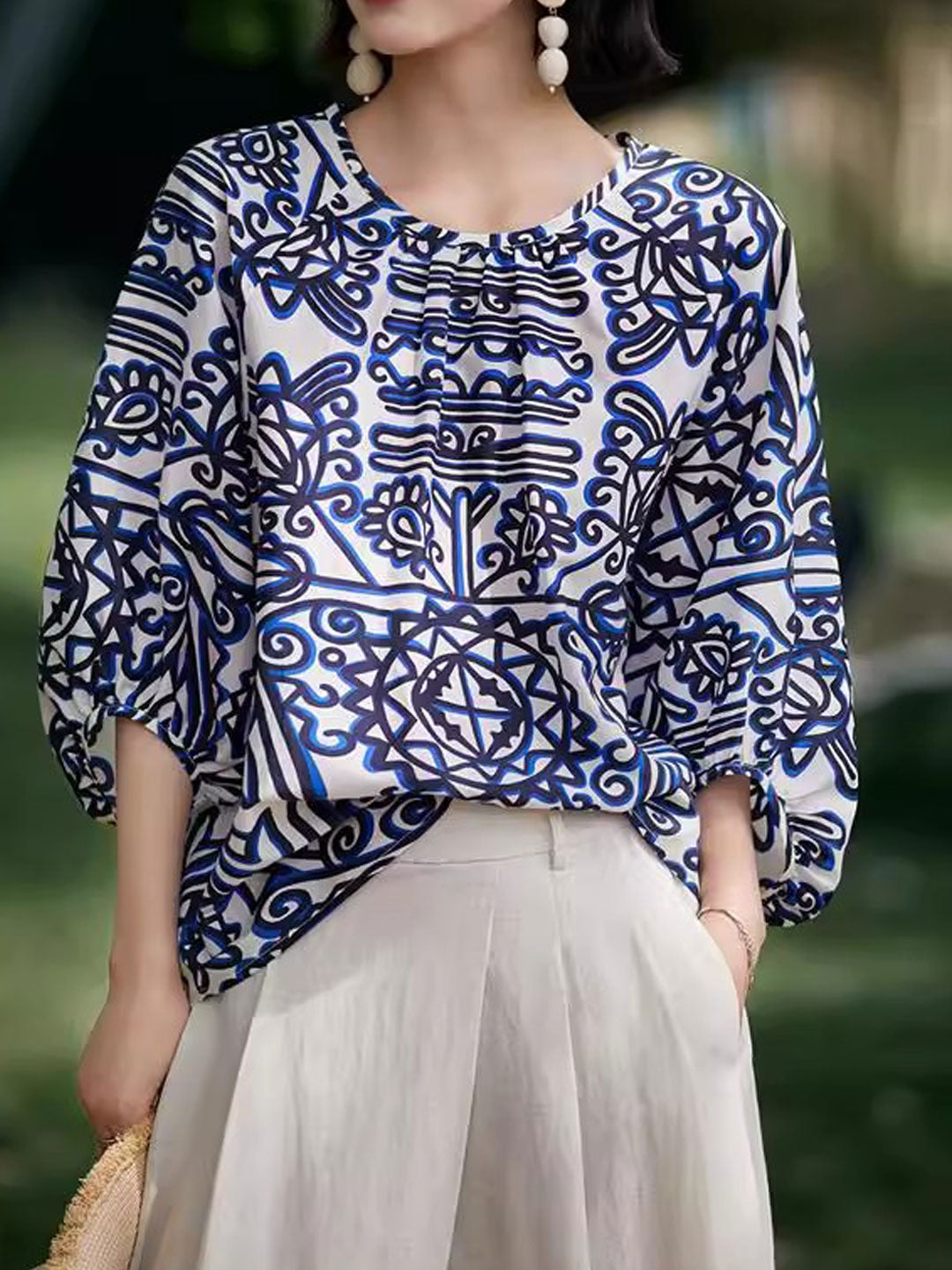 Sarah Retro Printed Puff Sleeve Top