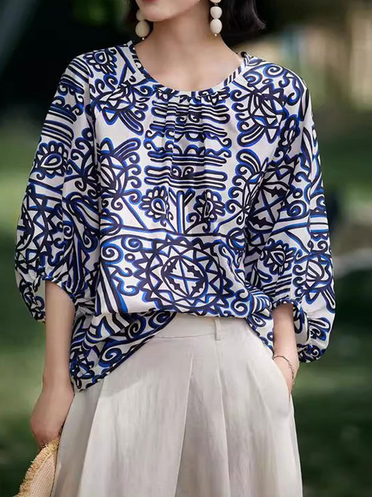 Sarah Retro Printed Puff Sleeve Top