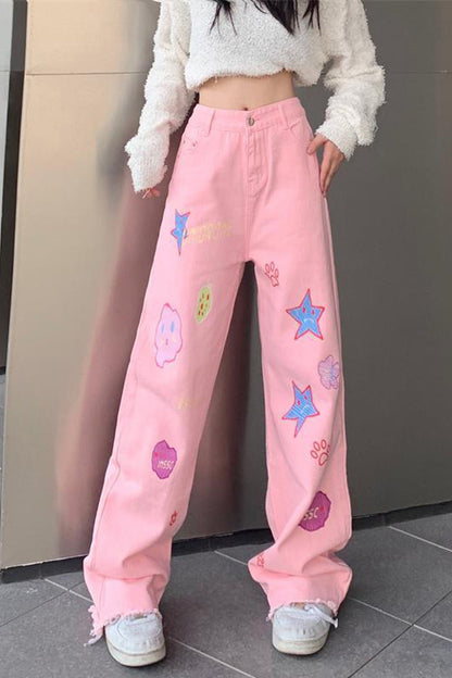 High Waist Cute Cartoon Pattern Long Jeans Pants